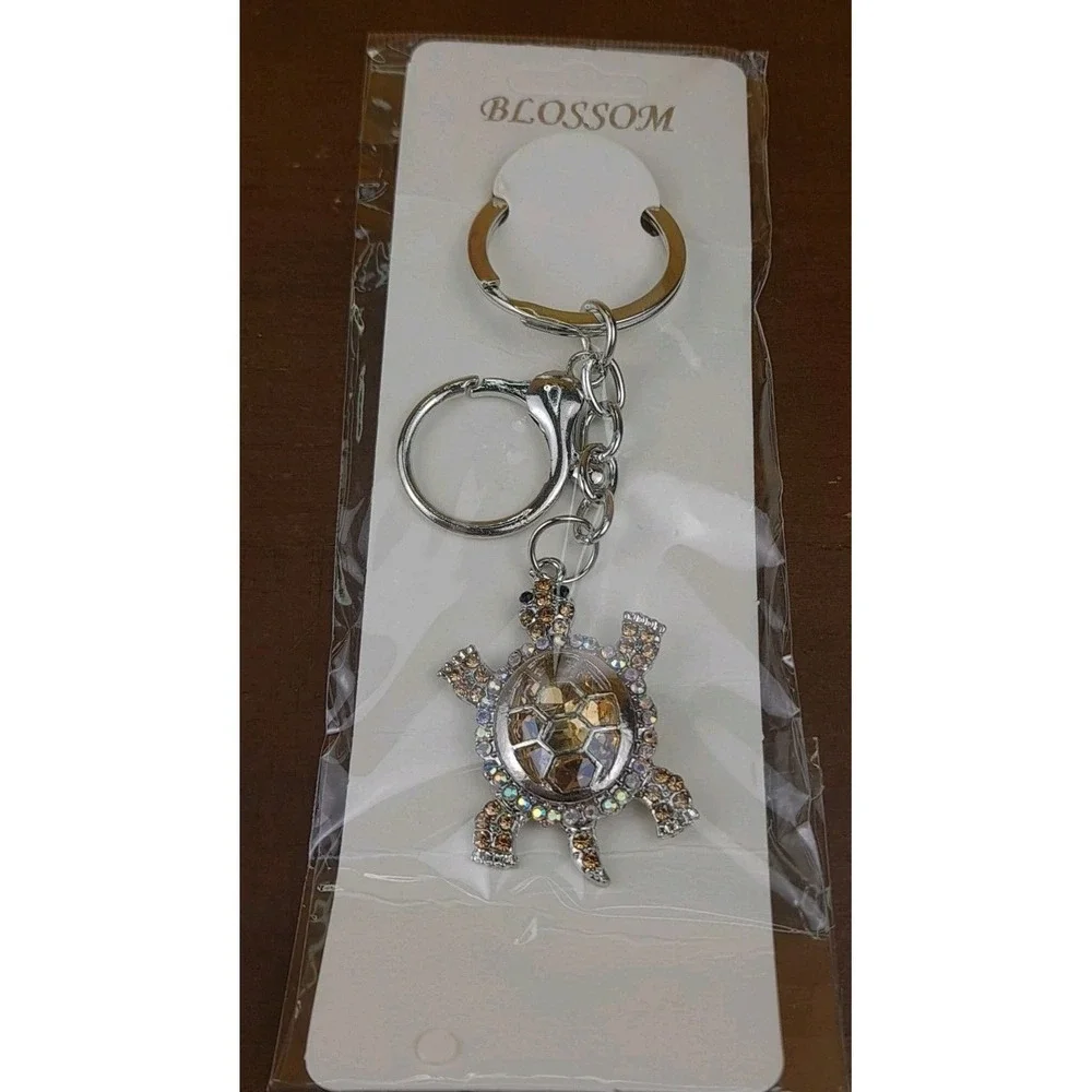 Turtle Gold Rhinestone Crystal Silver‎ Tone Keychain Backpack Purse Clip